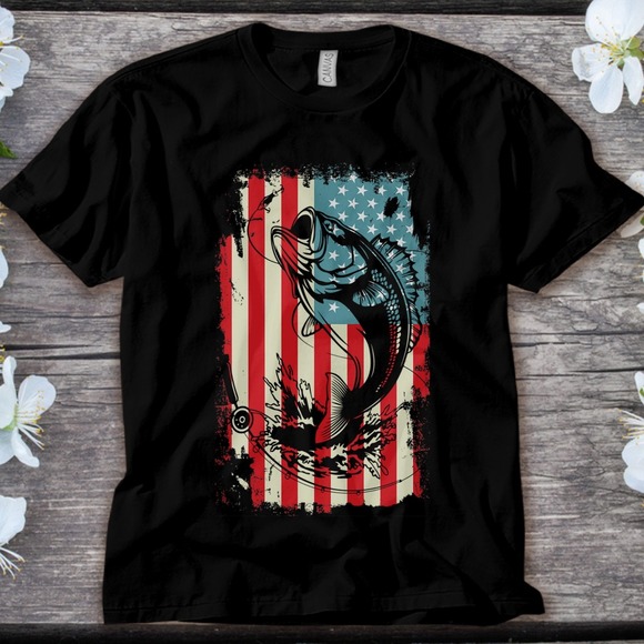 American Flag Fishing Time Funny Fishing Fisherman Vintage Unisex Adult T-shirt - Picture 1 of 2